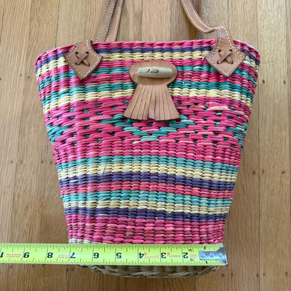 Vintage Woven Raffia Bucket Tote Multicolor with Leather Trim - Picture 6 of 13